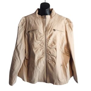 deb Women's Cream Faux Leather Ruched ZIP Up Plus Size Jacket Sz 3X NWOT
